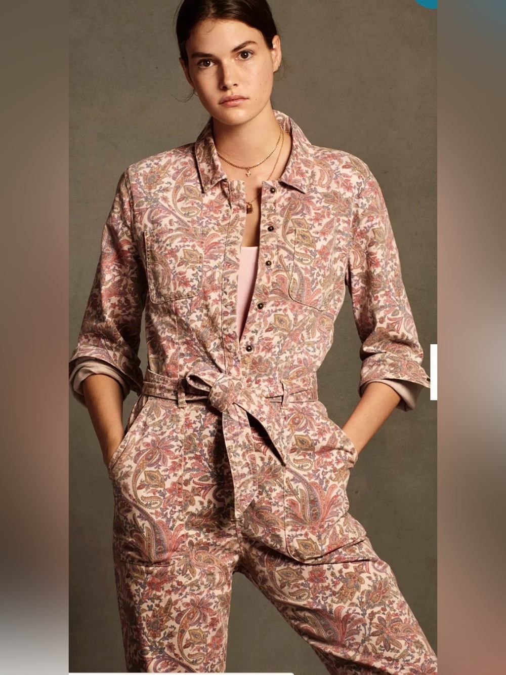 Anthropologie Pink Paisley utility jumpsuit